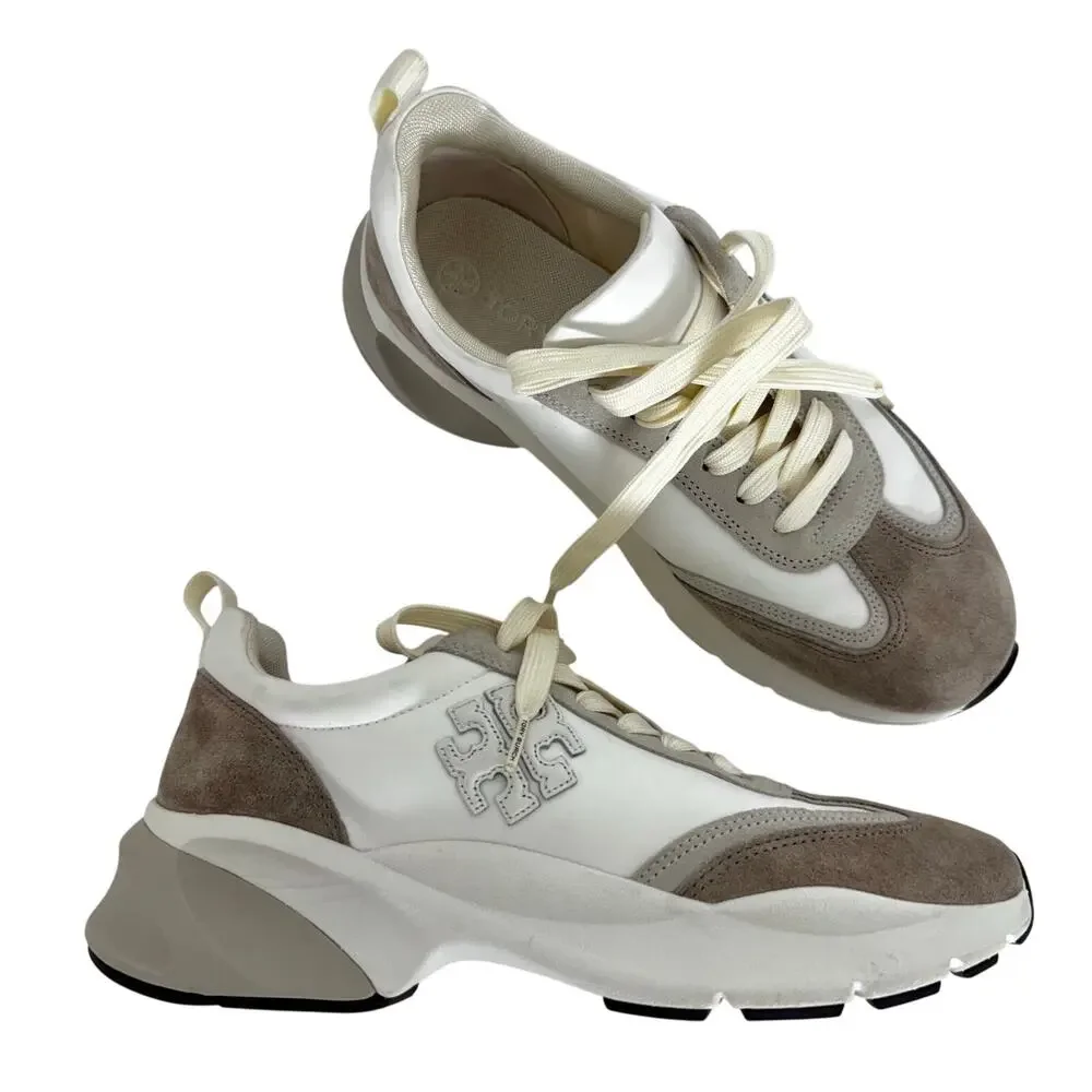Tory Burch Good Luck Trainer Sneakers Suede Trim White/Tan Women's 9.5M